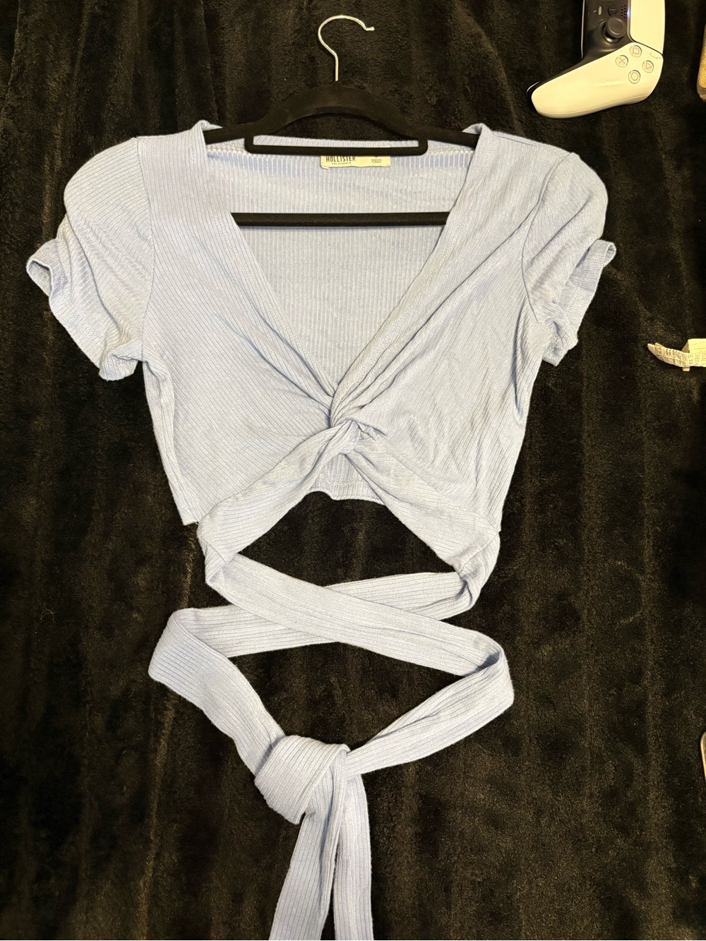 Hollister Pale Blue Ribbed Twist-Front Wrap Crop Top
